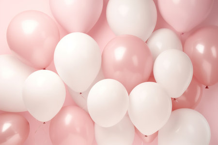 White and pink balloons on pastel pink background. Top view, flat layの素材