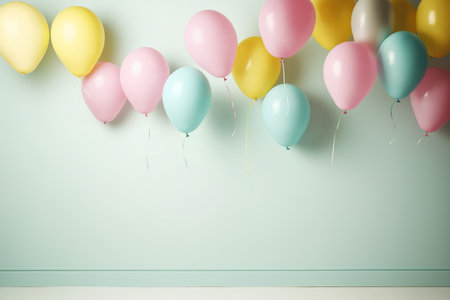 Colorful balloons hanging on the wall. Space for your text.の素材
