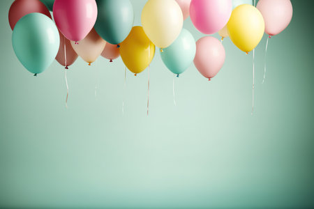 Bunch of colorful balloons on pastel green background with copy space for text.の素材