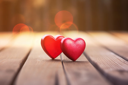 Two red hearts on a wooden table. Valentines day background.の素材
