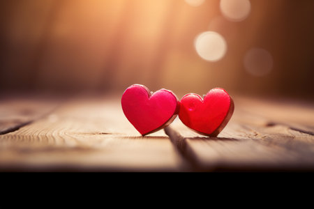 Two red hearts on a wooden table. Valentines day background.の素材