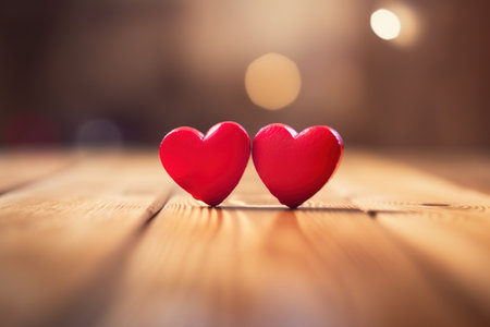 Two red hearts on a wooden table with bokeh background.の素材