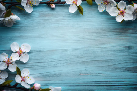 Spring blossom on blue wooden background. Top view with copy spaceの素材
