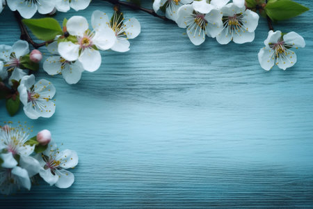 Spring blossom on blue wooden background. Top view with copy spaceの素材