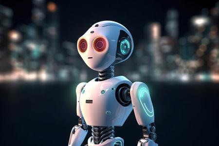 3d rendering humanoid robot or cyborg with city in the backgroundの素材