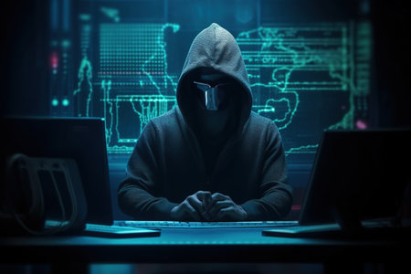 Hooded hacker in front of computer monitor with binary code on backgroundの素材