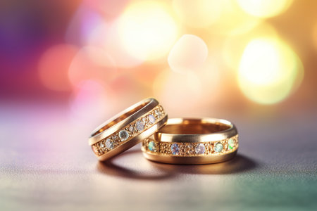 Two gold wedding rings on bokeh background, close-upの素材