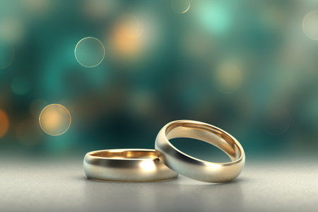 Wedding rings on bokeh background. 3D renderingの素材