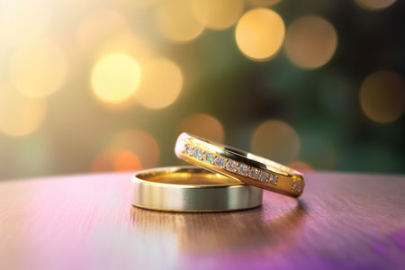 wedding rings on a wooden table, bokeh backgroundの素材