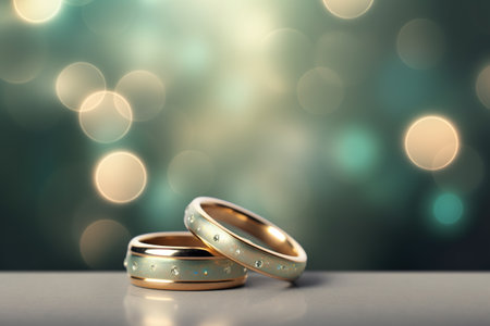 Two gold wedding rings on bokeh background. Wedding concept.の素材