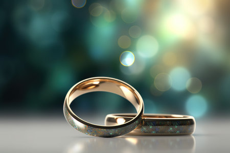 Wedding rings on bokeh background. 3d illustrationの素材