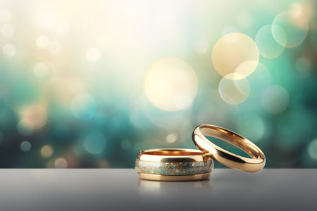 Wedding rings on bokeh background. 3D renderingの素材