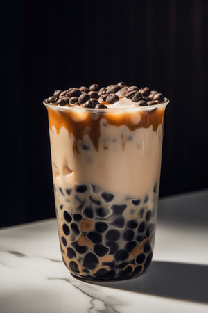 Iced coffee with bubbles in a glass on a white marble tableの素材