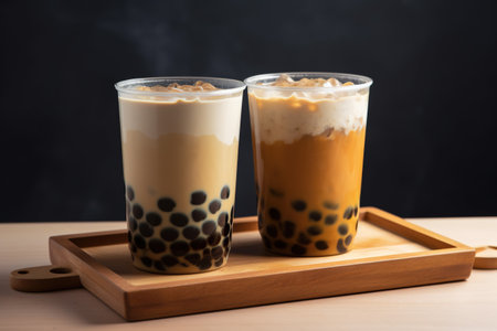 Taiwan milk tea with bubble on wood table and black background.の素材