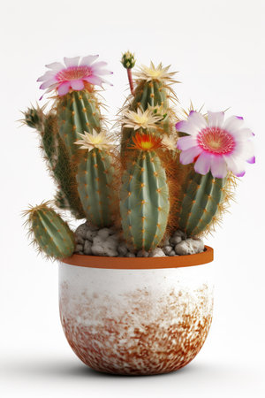 Cactuses in a pot on a white background. 3d illustrationの素材