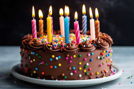 Birthday cake with burning candles on dark background. Selective focus.の素材