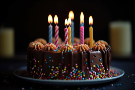 Birthday cake with candles on dark background. Shallow depth of fieldの素材
