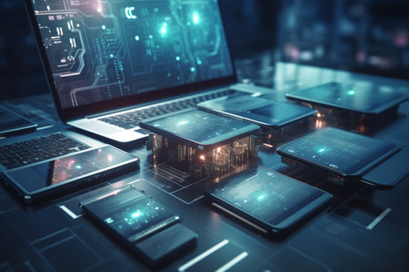 Close up of laptop and mobile phone on table. 3d renderingの素材