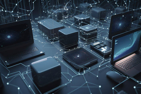 3d rendering of server room with laptop and tablet computer on tableの素材