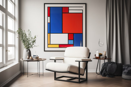 Interior of modern living room with armchair, coffee table and painting on wallの素材