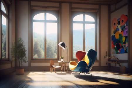 Interior of modern living room with big window, armchair and coffee table. 3D Renderingの素材