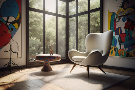 Interior of modern living room with white armchair near the window. 3d renderingの素材