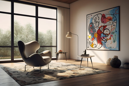 Interior of living room with armchair, coffee table and painting on wall. Mock up, 3D Renderingの素材