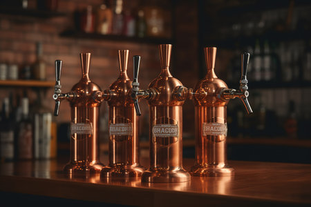 Bartender at work. Close-up of beer taps.の素材