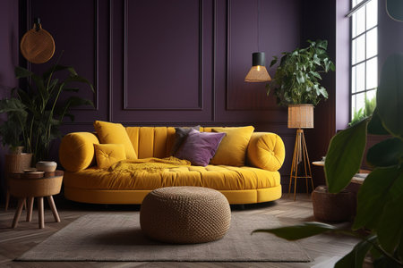 Interior of living room with yellow sofa and plants. 3d renderの素材