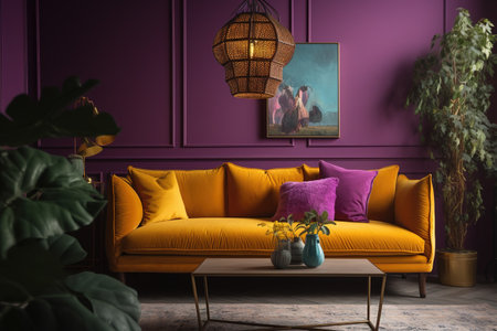 Interior of living room with yellow sofa and lamp. 3d renderの素材