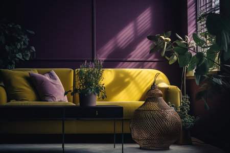 Interior design of living room with yellow sofa, pillows and plantsの素材