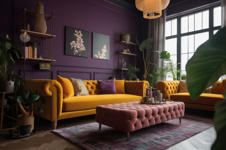 Interior of living room with yellow sofa and plants. 3d renderの素材