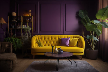 Living room interior with yellow sofa, coffee table and plants. 3d renderの素材