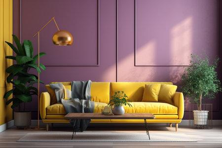 Interior of modern living room with yellow sofa and plant. 3d renderの素材