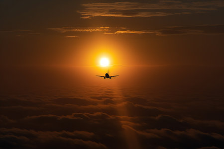 Silhouette of airplane flying above the clouds at sunset. Travel conceptの素材