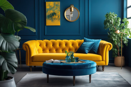 Interior of modern living room with yellow sofa and blue wall. 3d renderの素材