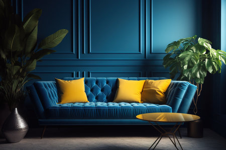 Blue sofa with yellow cushions in classic interior. 3d renderの素材