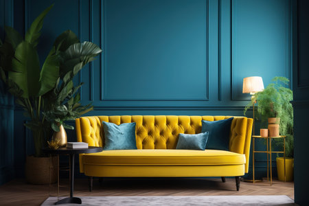Interior of modern living room with blue walls, carpet on the floor, yellow sofa and green plants. 3d renderの素材