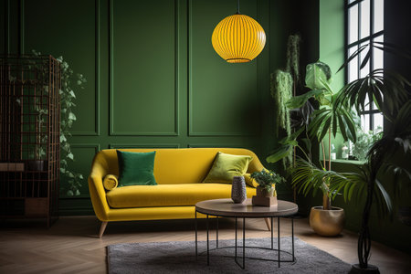 Green living room interior with a yellow sofa and a coffee table. 3d renderの素材