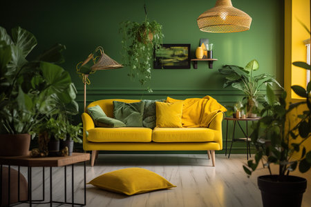 Modern living room interior with yellow sofa and plants. 3d renderの素材