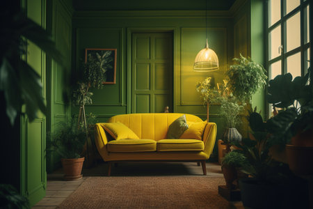 Interior of green living room with yellow sofa and plants. 3d renderの素材