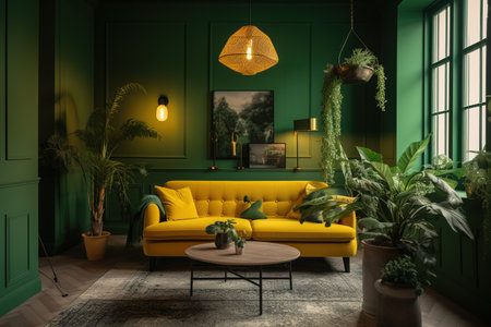 Interior of green living room with yellow sofa and plants. 3d renderの素材
