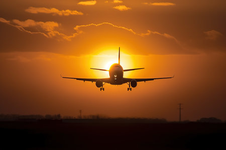 Airplane silhouette on sunset sky background. Airplane in the skyの素材