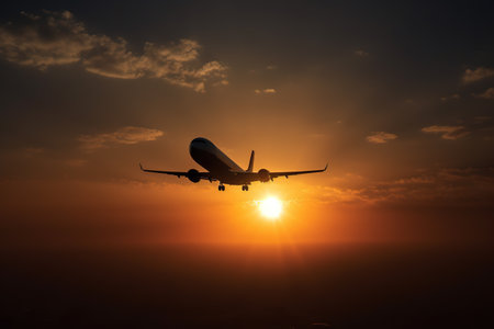 Airplane flying in the sky at sunset. Travel and business concept.の素材