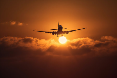 Airplane in the sky at sunset. Travel and business concept.の素材