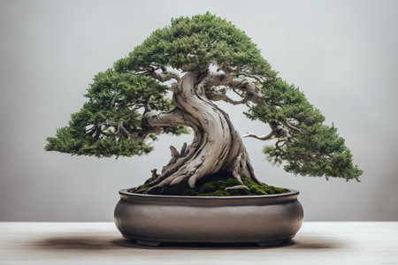 Bonsai tree in a pot on a wooden table with grey backgroundの素材