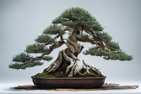 Bonsai tree in pot on gray background. Bonsai concept.の素材