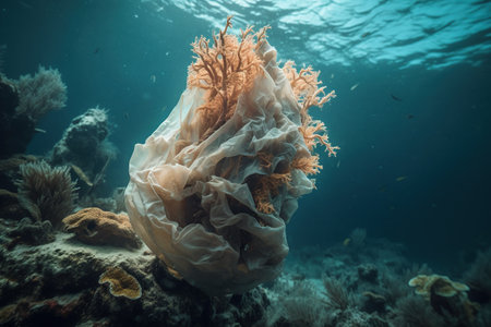Plastic bag floating on a coral reef in the Red Sea.の素材