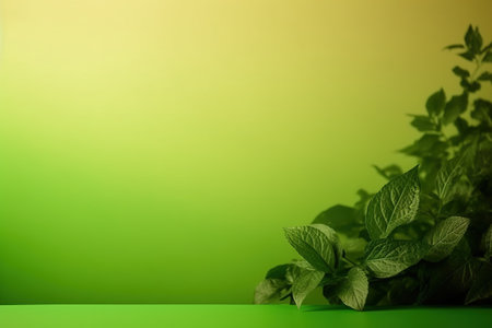 Fresh mint leaves on green background with copy space for your text.の素材