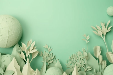 Creative green background with paper flowers and leaves. Minimal concept.の素材